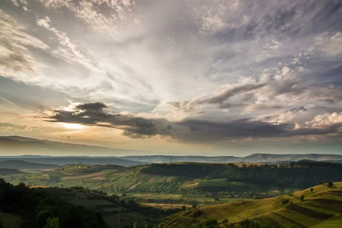 Transylvania hills patchwork fields sunset 6K 動画素材 40431726