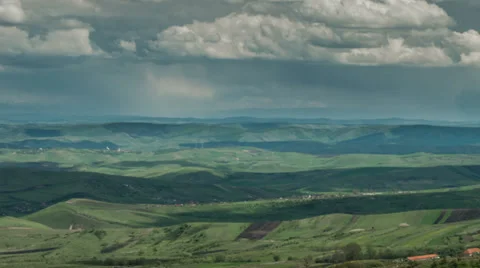 Transylvania Patchwork landscape rain storm in distance aerial HD Stock Footage 37285677