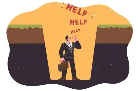 Trap for business man shouting help, standing at bottom of hole, as metaphor for Illustrazione stock