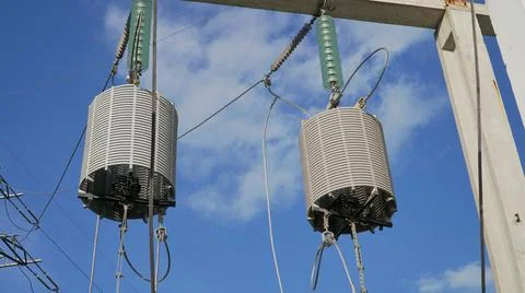 Trap-lining, high-frequency stopper, on the high-voltage transmission line. H Stock Photos