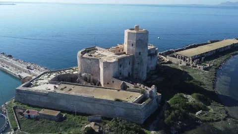 Trapani Sicily Aerial View with Torre di Ligny and Clear Sea Stock Footage 315465740