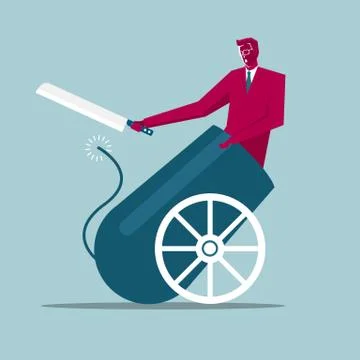 Trapped businessman, using a knife for self-help. Isolated on blue background. Illustrazione stock