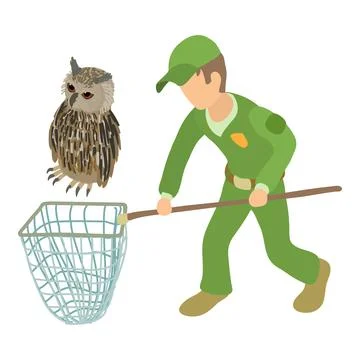 Trapping bird icon isometric vector. Man in uniform with landing net near owl Stock Illustration