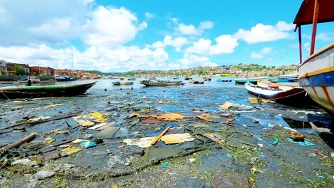 Trash and debris litter the shore near a slum in Salvador Stock Footage