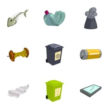 Trash and garbage icons set, cartoon style Illustrazione stock