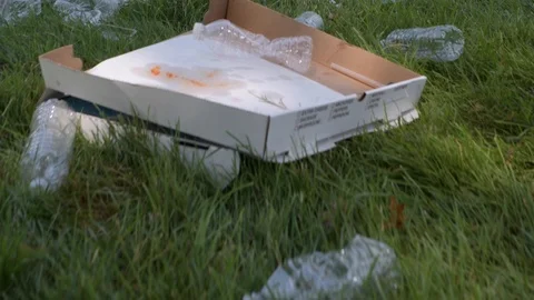 Trash and plastic bottles on grass. Garbage scattered in public park, environ Stock Footage 113285855