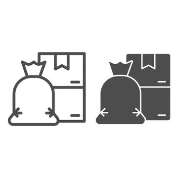 Trash bag and cardboard boxes line and solid icon, Cleaning service concept Stock Illustration