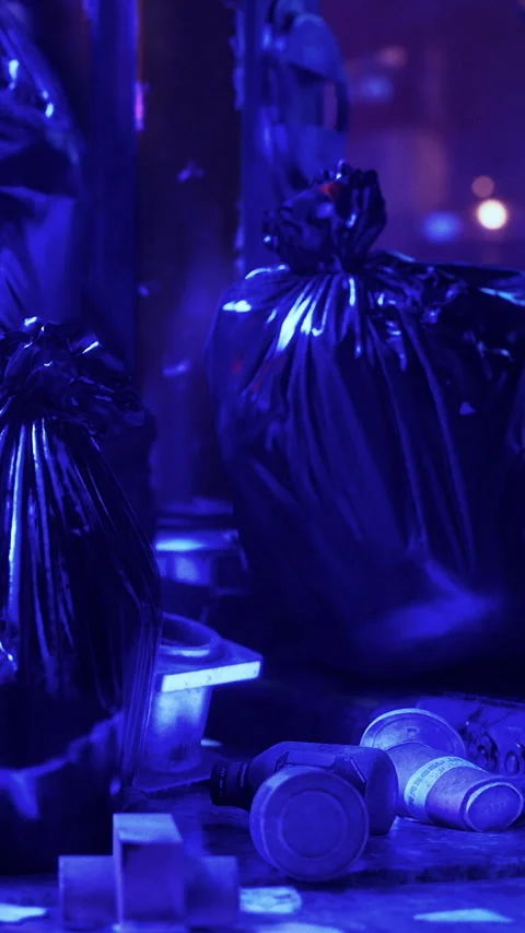 Trash bags are placed on the floor near empty cans in a dim lit area Stock Footage 339506745