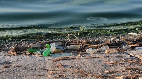 Trash on beach with surf of greenish polluted dirty water Stock Footage 87857361