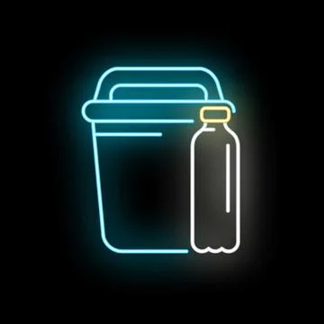 Trash bin and plastic bottle neon glow recycling concept Stock Illustration