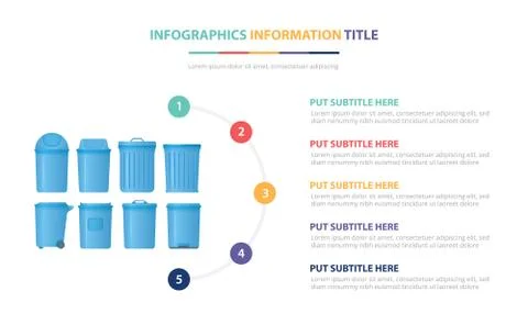 Trash bin collection infographic template concept with five points list and v Stock Illustration