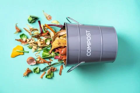 Trash bin for composting with leftover from kitchen on blue background. Top view Stock Photos