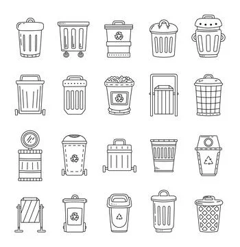Trash bin disposal set in outline line art Stock Illustration