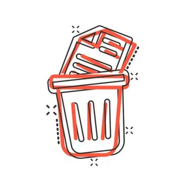 Trash bin with document icon in comic style. Paper recycle cartoon vector ill Stock-Illustration