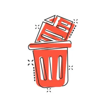 Trash bin with document icon in comic style. Paper recycle cartoon vector ill Stock-Illustration