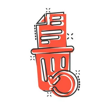 Trash bin with document icon in comic style. Paper recycle cartoon vector ill Stock-Illustration