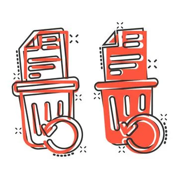 Trash bin with document icon in comic style. Paper recycle cartoon vector ill Stock-Illustration