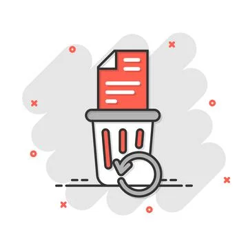 Trash bin with document icon in comic style. Paper recycle cartoon vector ill Stock-Illustration