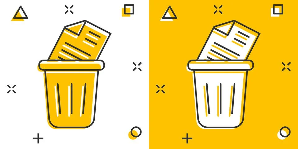 Trash bin with document icon in comic style. Paper recycle cartoon vector ill Stock-Illustration