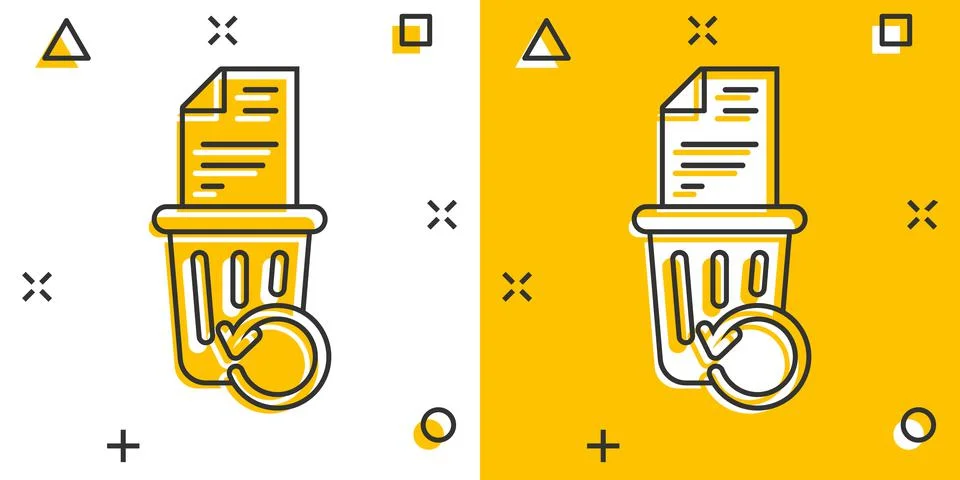 Trash bin with document icon in comic style. Paper recycle cartoon vector ill Stock-Illustration