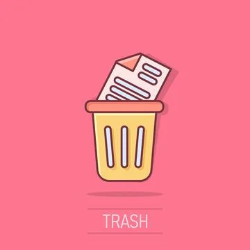 Trash bin with document icon in comic style. Paper recycle cartoon vector i.. Illustrazione stock