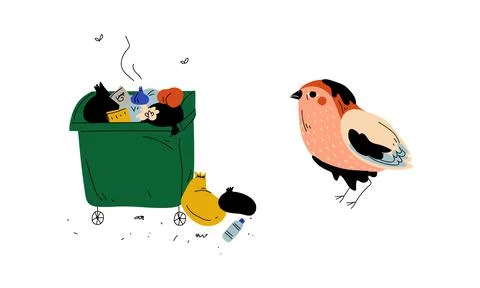 Trash Bin Full of Stinky Garbage and Bird in Fuel Oil Vector Set Ilustración de archivo