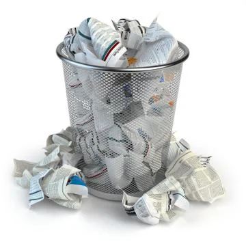 Trash bin full of waste paper. Wastepaper basket isolated on white background Illustration