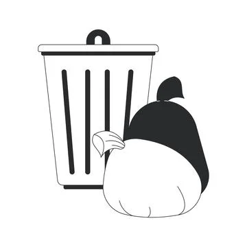 Trash bin with garbage bags 2D line object Stock Illustration