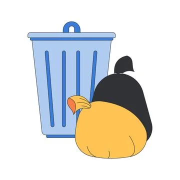 Trash bin with garbage bags 2D cartoon object Stock Illustration