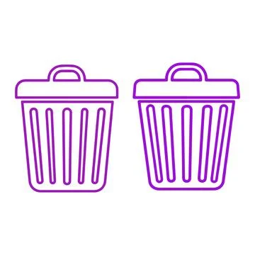 Trash Bin Icon Set. Minimalist purple and magenta outlined garbage can symbols Stock Illustration