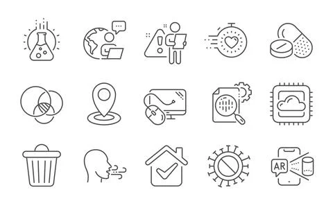 Trash bin, Location and Breathing exercise icons set. Coronavirus, Cloud Illustrazione stock