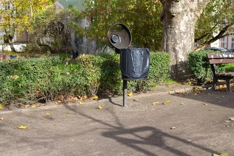 Trash bin next to a park bench in a quiet urban space on a sunny day Stock Photos