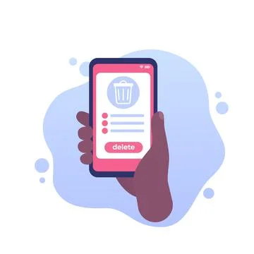 Trash bin in phone, delete files vector Stock Illustration