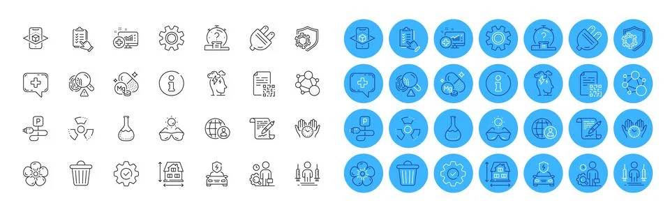 Trash bin, Qr code and Coronavirus injections line icons pack. For web app Illustrazione stock