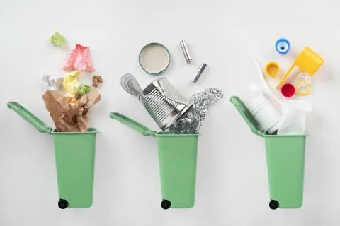 Trash bins and assorted garbage on grey background. Recycle concept Foto stock