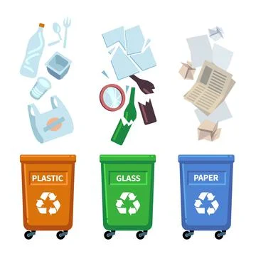Trash bins. Different types containers for waste sorting. Separation of plastic Illustrazione stock