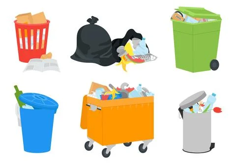 Trash bins with garbage, open dump and waste bags. Plastic bin, recycle rubbish Stock Illustration
