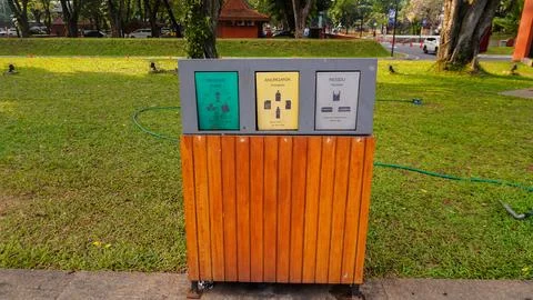 Trash box with three different types of places according to the type of waste Stock Photos