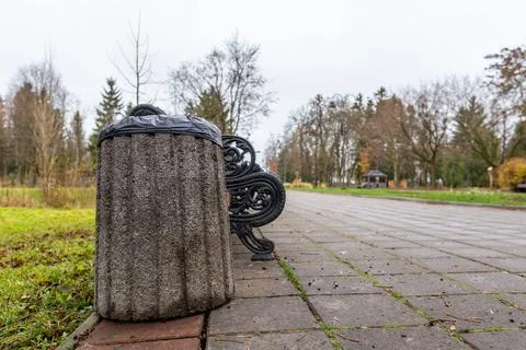 Trash Can and Bench by the Path Surrounded by Trees on a Cloudy Day in the Pa Stock Photos