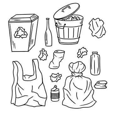 Trash can and garbage in hand drawn doodle style. Vector illustration isolate Stock Illustration