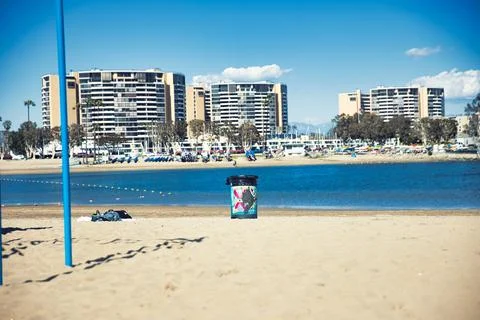 Trash can on the beach in Venice Beach, CA Stock Photos