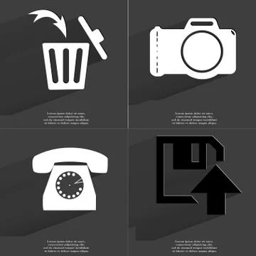 Trash can, Camera, Retro phone, Floppy disk upload icon sign. Set of Symbols  Illustrazione stock