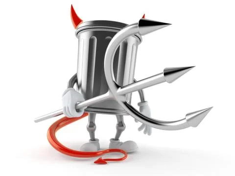 Trash can character with devil horns and pitchfork Stock Illustration