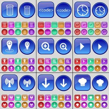 Trash can, Code, Clock, Checkpoint, Magnifying glass, Media play, Wi-Fi, Arrow d Illustrazione stock