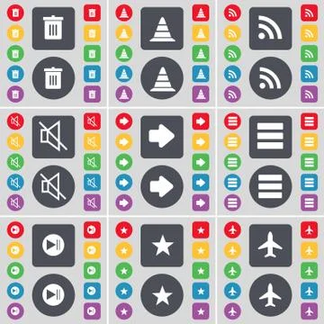 Trash can, Cone, RSS, Mute, Arrow right, Apps, Media skip, Star, Airplane icon s Stock-Illustration