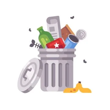 Trash can full of trash flat illustration. Garbage bin with tin cans, bottles Stock Illustration