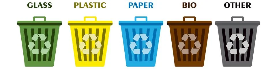 Trash can icon collection. Sorting Bins vector Flat illustration set. Separ.. Stock Illustration