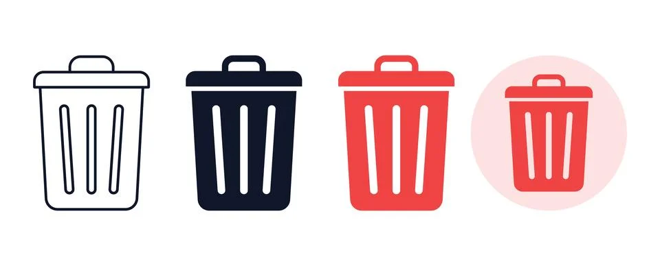 Trash can icon variations in linear glyph filled and circular background st.. Stock Illustration