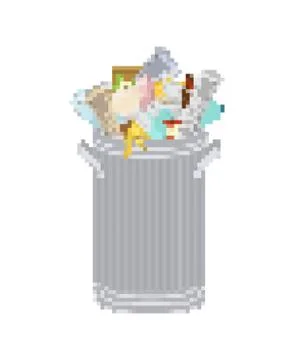 Trash can pixel art. 8 bit Wheelie bin with Garbage on white background. Dump Stock Illustration