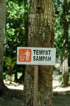 Trash Can Sign Attached to Tree in Nature Area Stock Photos